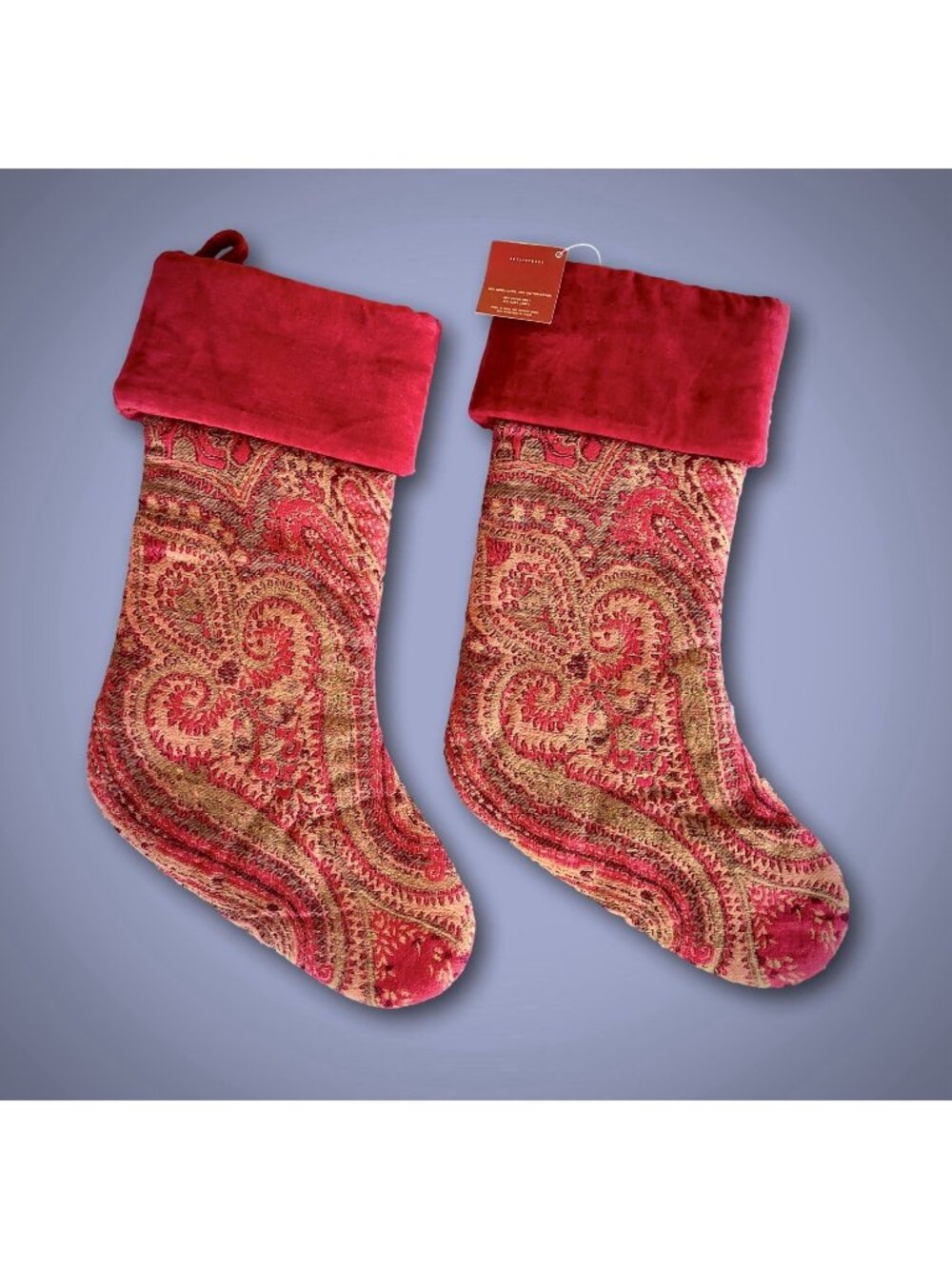 Pottery Barn Christmas Stocking Pair Vintage 2007 Jacquard Red Paisley Velvet